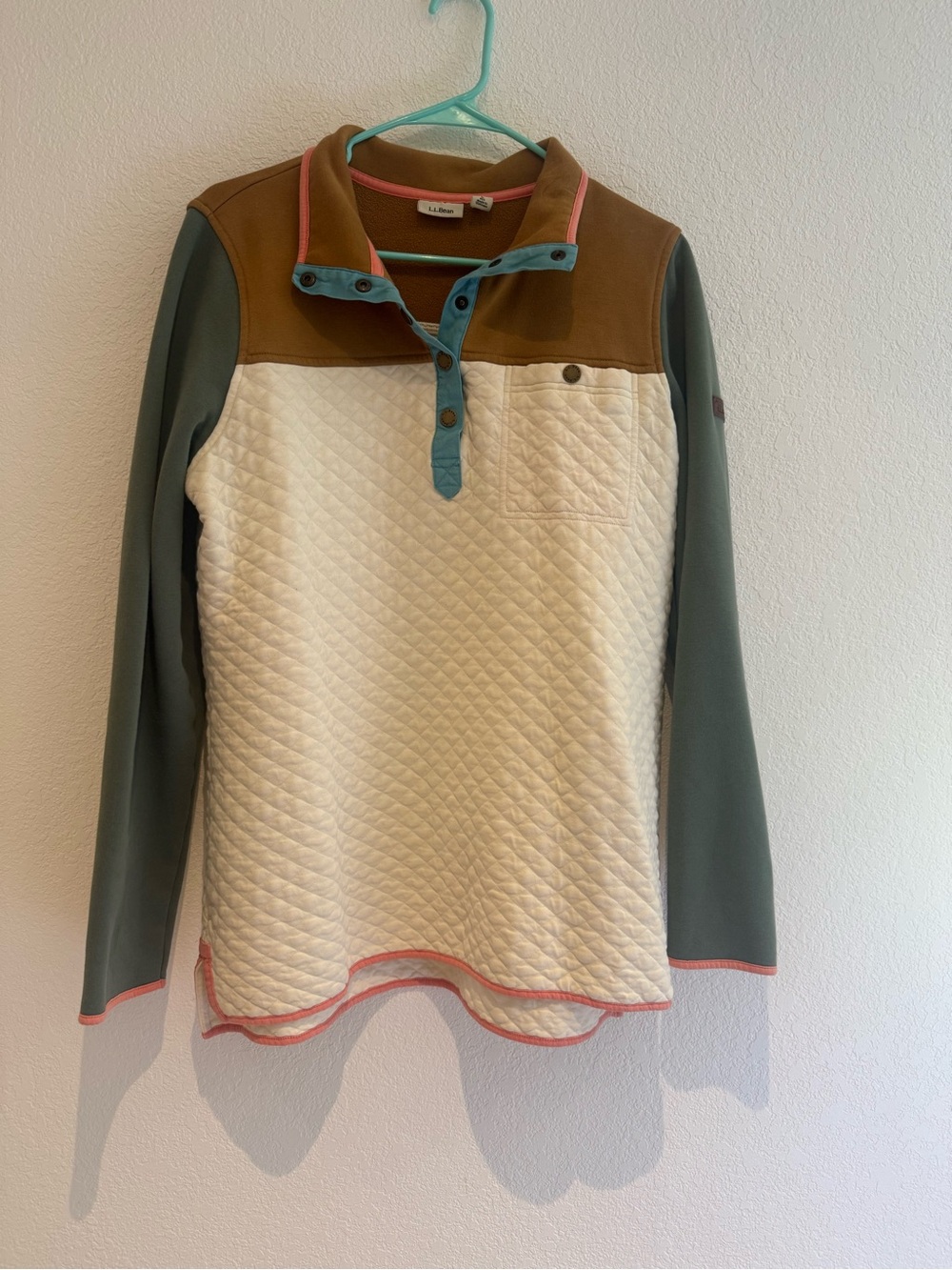 L.L. Bean Brown Tan White Jacket with Teal and Coral Trim